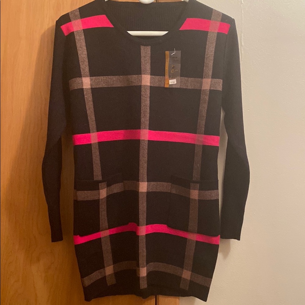 Black and Pink Plaid Sweater Dress